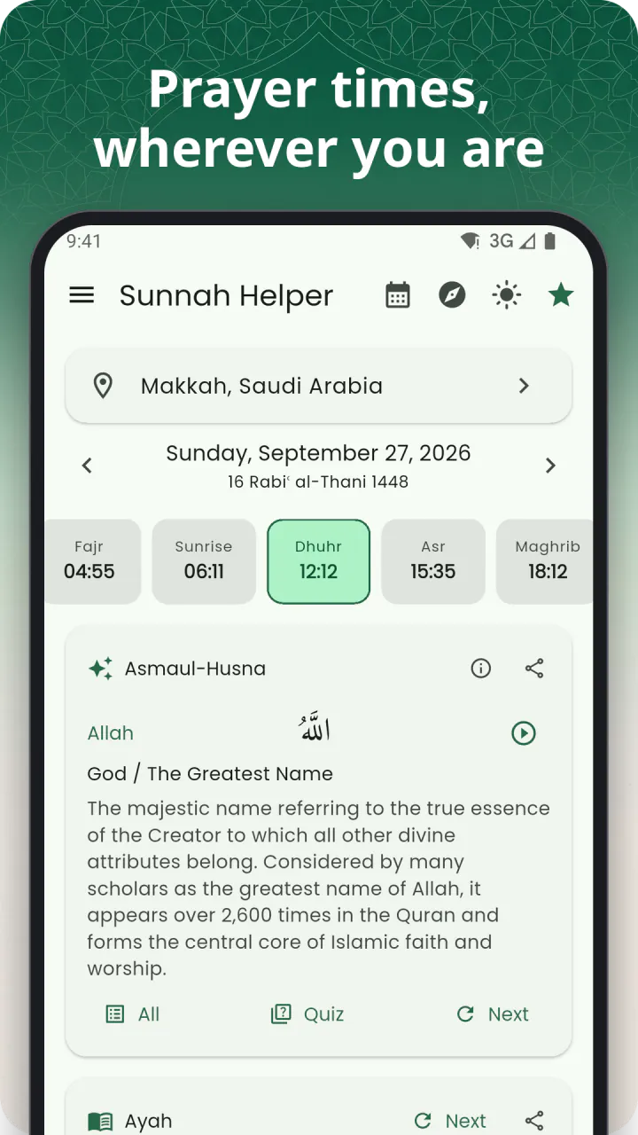 Under the headline “Prayer times, wherever you are”: the Home screen with today's prayer times in Makkah, Asr highlighted, and the ayah of the day