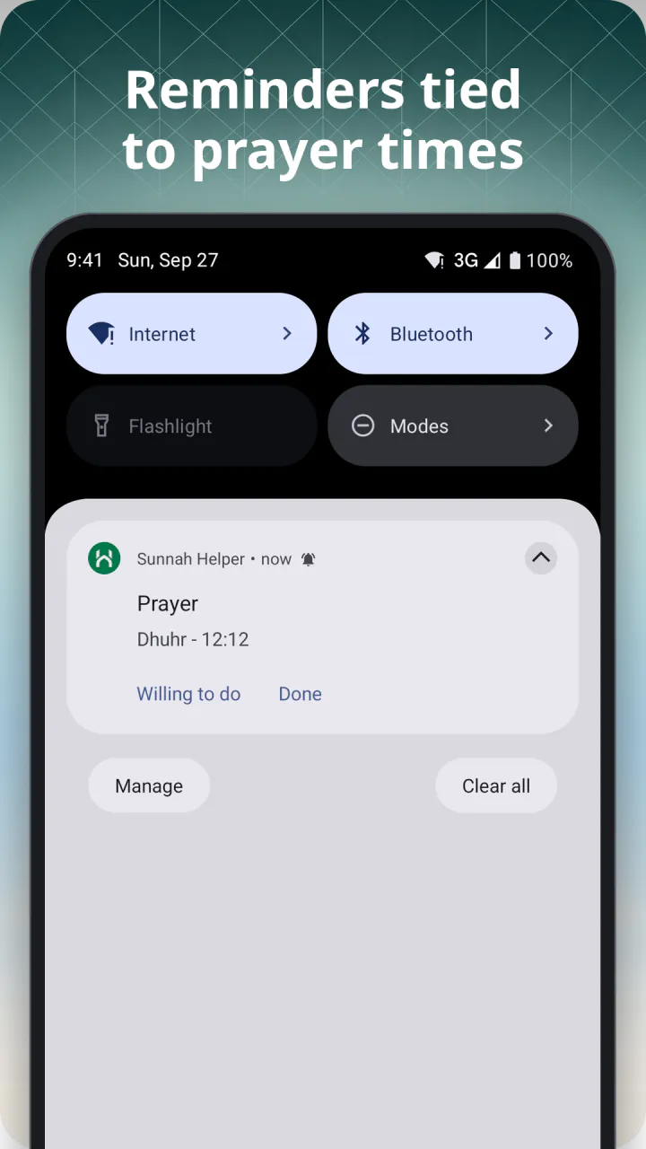Under the headline “Reminders tied to prayer times”: a prayer reminder notification in the Android shade, with Willing to do and Done actions