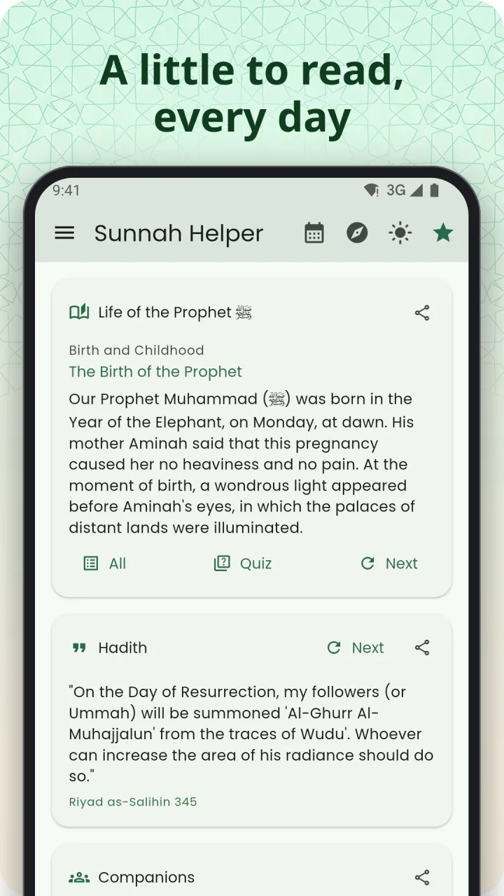 Under the headline “A little to read, every day”: the Home screen scrolled to the Life of the Prophet ﷺ card, with the hadith and companions cards below it