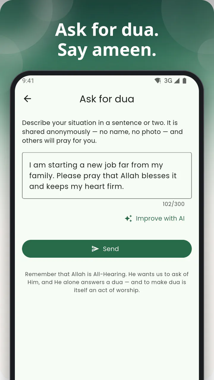 Under the headline “Ask for dua. Say ameen.”: the Ask for dua form, with a request written in your own words, the Improve with AI button and Send below it, and the closing reminder that Allah is All-Hearing and that making dua is itself an act of worship