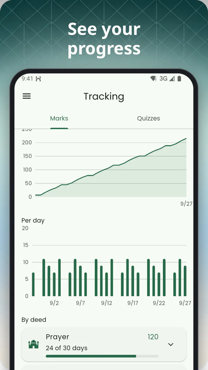 Under the headline “See your progress”: the Tracking screen with completed reminders, active days and the month's progress line