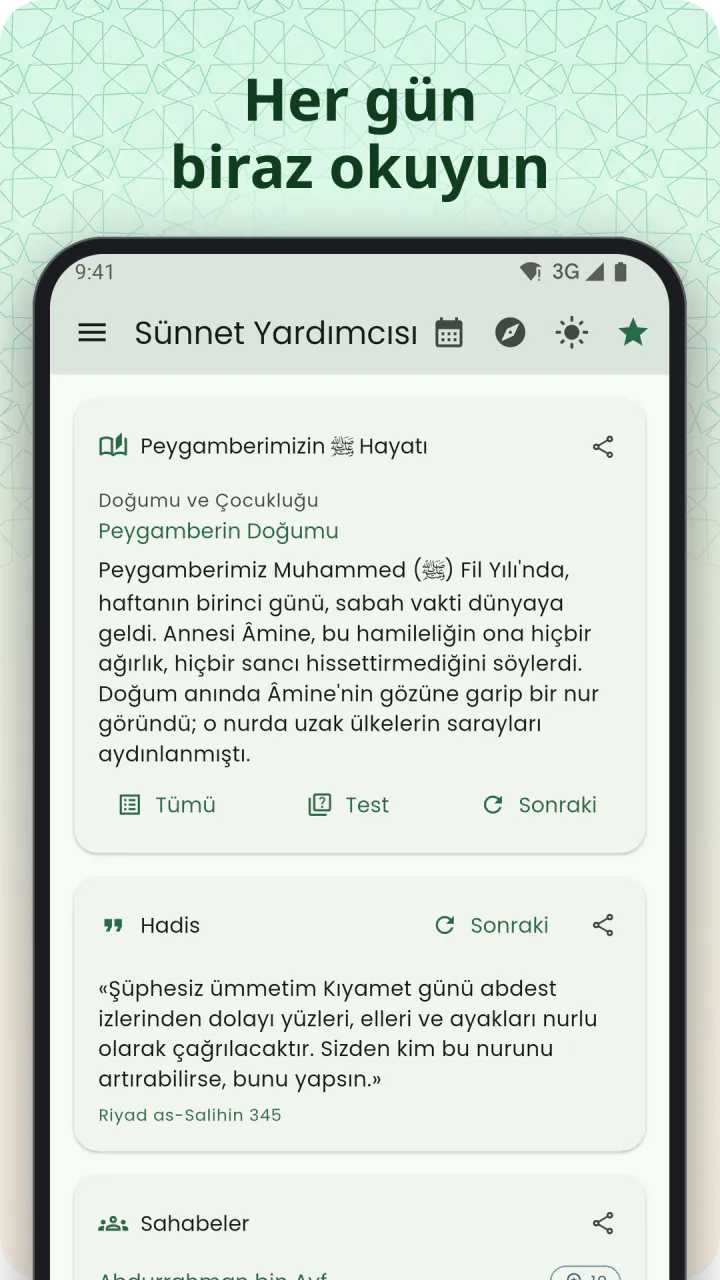 “Her gün okuyacak biraz” başlığının altında, Peygamberimizin ﷺ Hayatı kartına kaydırılmış Ana Sayfa; altında hadis ve sahabeler kartları