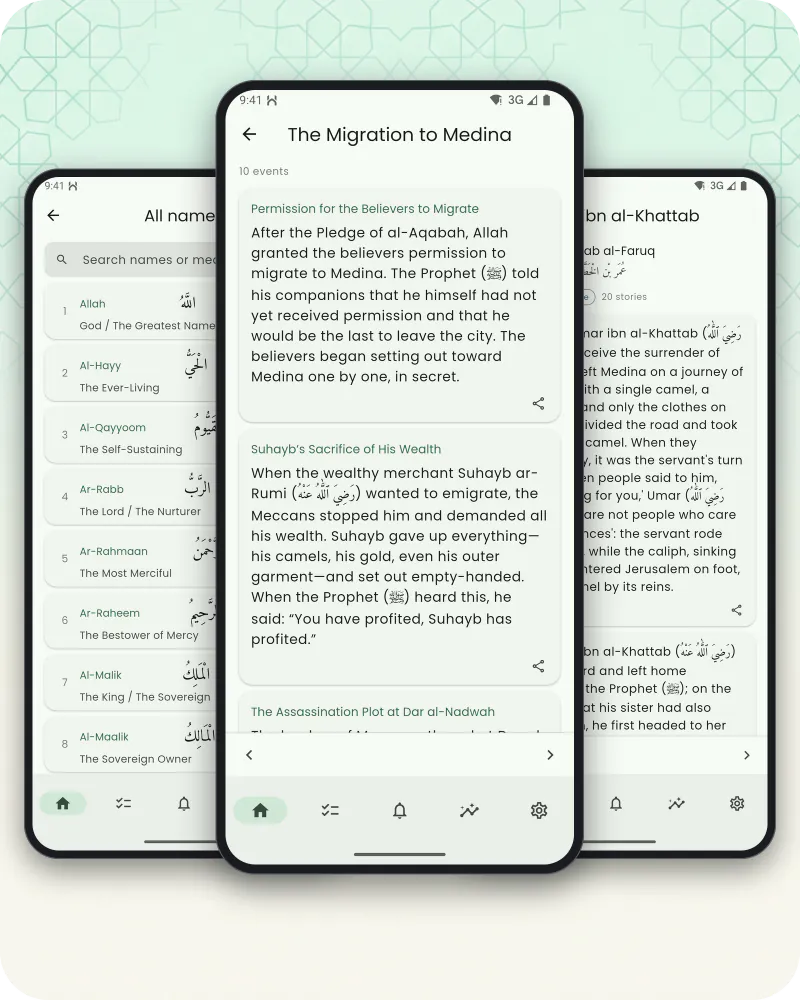 Three phone screens: the list of the Names of Allah with recitations, a chapter of the life of the Prophet ﷺ told event by event, and a story from a companion's life