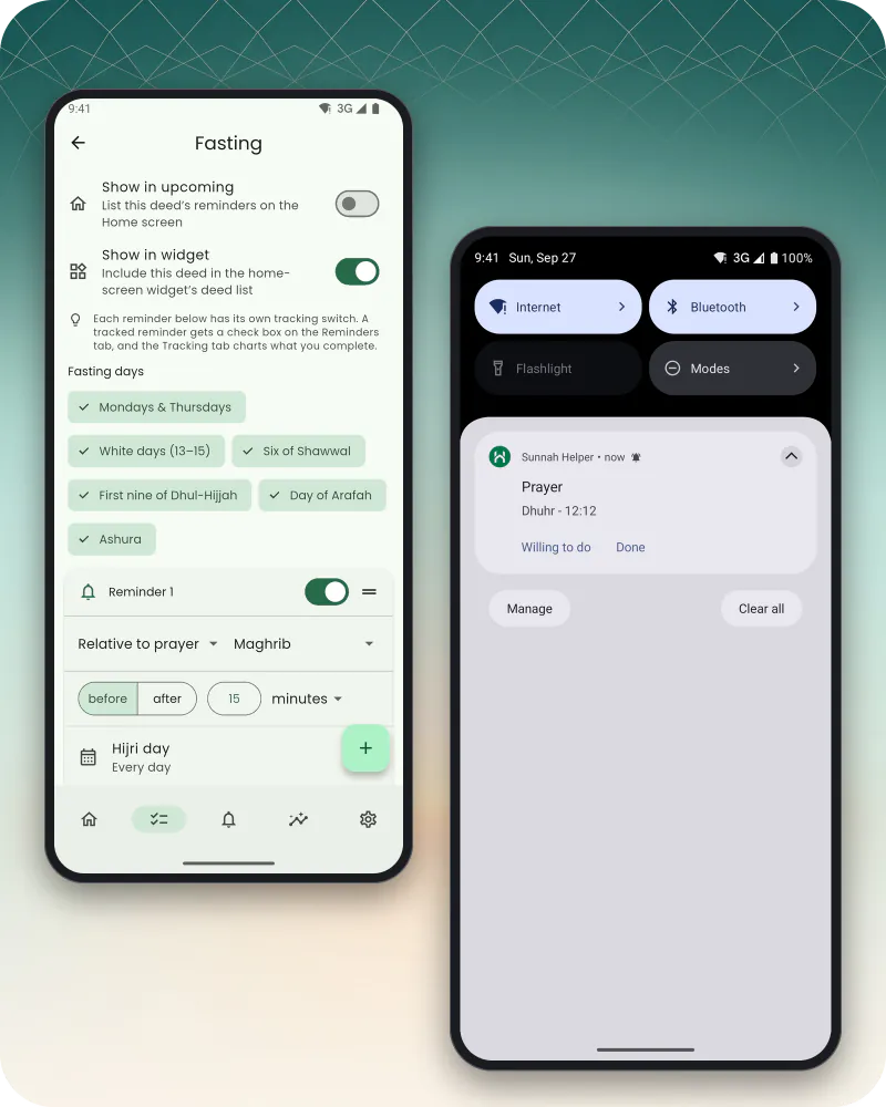 Two phone screens: a Sunnah reminder notification with Willing to do and Done actions, and the Fasting deed's reminder editor with the fasting days and two reminder rules
