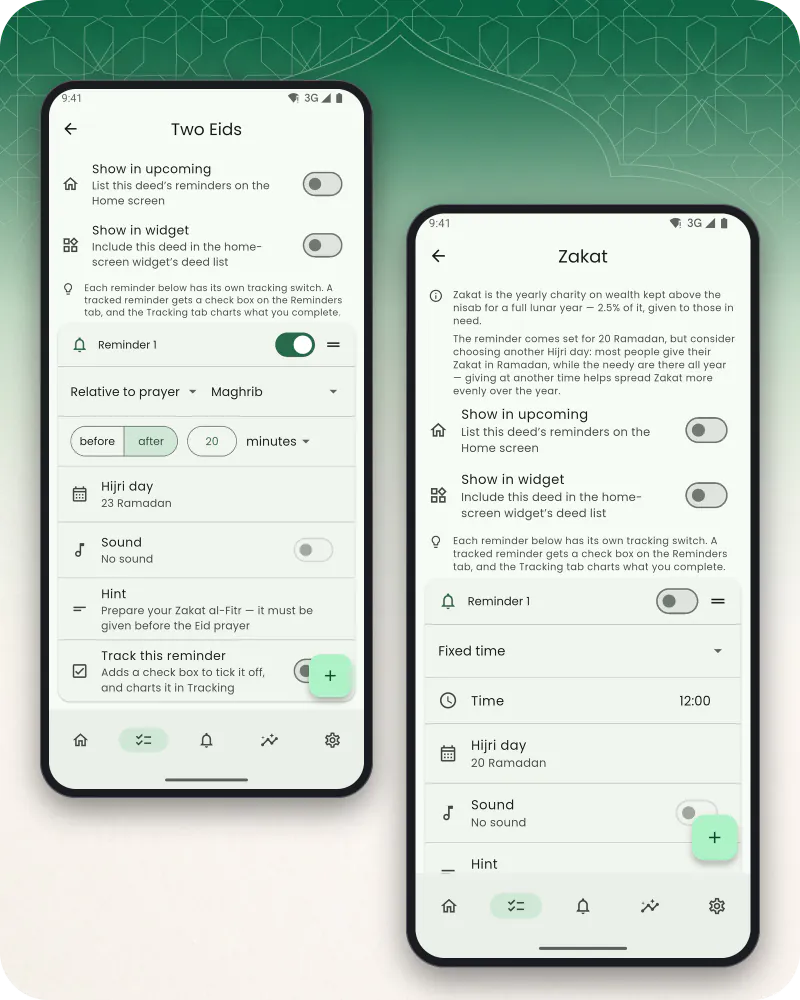 Two phone screens: the Zakat deed with its note and one reminder set for 20 Ramadan, and the Two Eids deed with its reminders for Zakat al-Fitr, Eid al-Fitr and Eid al-Adha