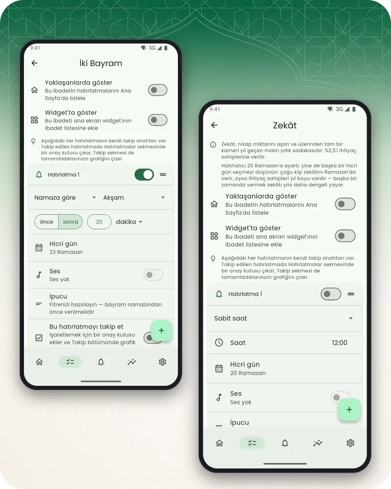 İki telefon ekranı: notu ve 20 Ramazan'a ayarlı tek hatırlatıcısıyla Zekât ibadeti ve fitre, Ramazan Bayramı ve Kurban Bayramı hatırlatıcılarıyla İki bayram ibadeti
