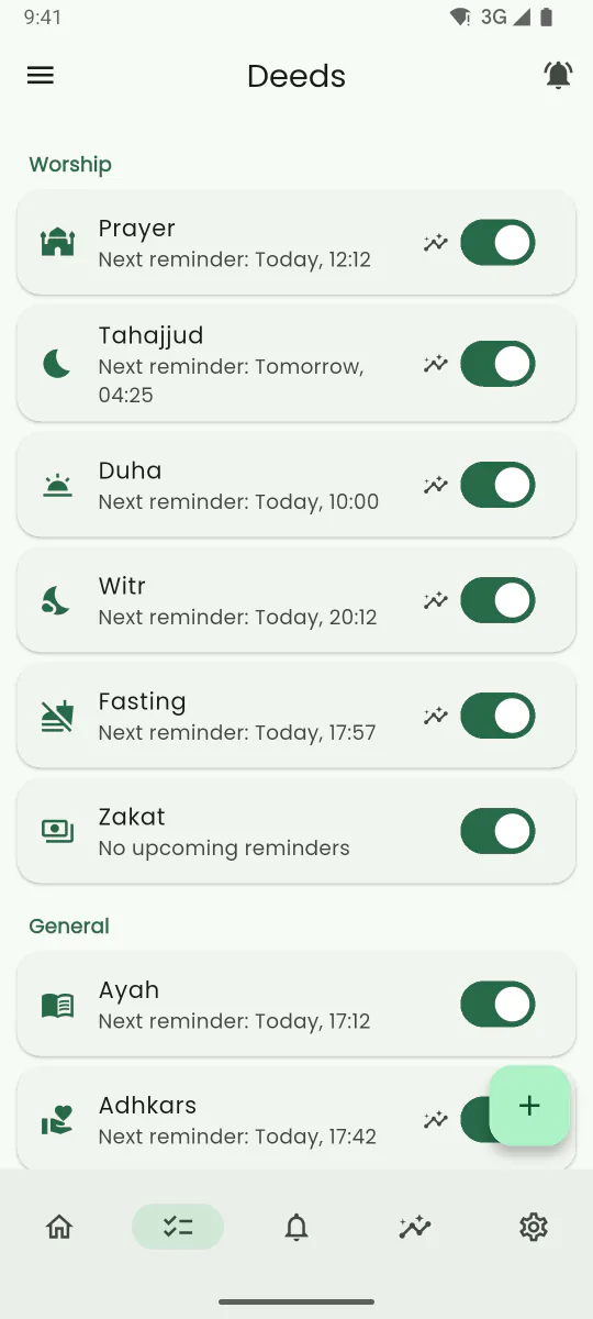 Deeds screen listing the Sunnah deeds you can turn into reminders