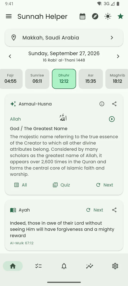 Home screen of Sunnah Helper showing today's prayer times with the next prayer highlighted
