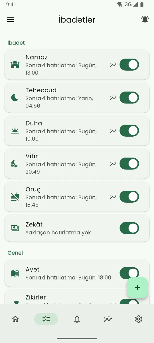 Hatırlatmaya dönüştürebileceğiniz sünnet ibadetlerini listeleyen İbadetler ekranı